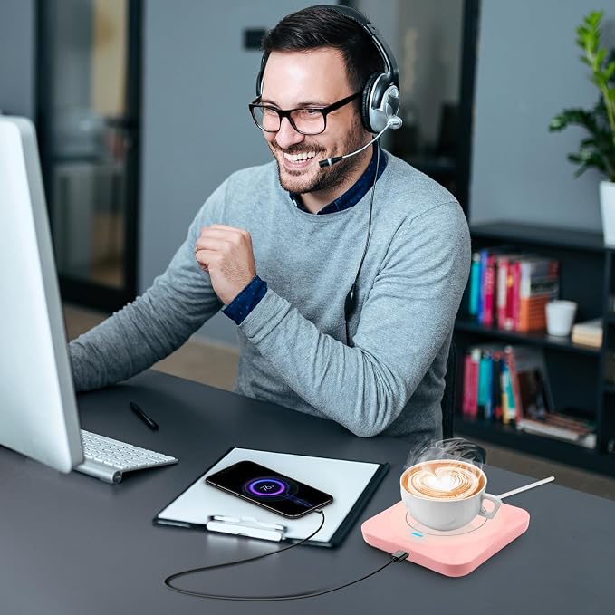 USB Coffee Mug Warmer: Candle Wax Warmer Smart Electric Cup Warmer Charge for Phone Home Desk Office Use Beverage Heating Plate with Gravity Switch for Hot Cocoa Milk Tea Water Pink