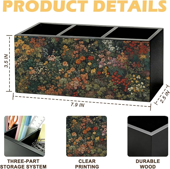 Vintage Floral Pen Pencil Holder for Desk, Dark Academia Cottagecore Botanical Wildflower Wooden Box Sign Organizer for Home Room Office Bedroom Desk Accessories Tabletop Decorations