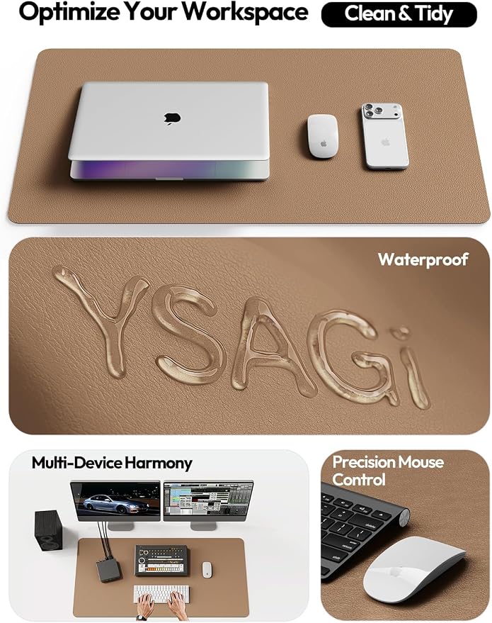 YSAGi Leather Desk Protector, Office Mat, Large Mouse Mat, Non-Slip PU Leather Blotter, Laptop Desk Mat, Waterproof Writing Pad for Office and Home(Khaki, 40" x 24")