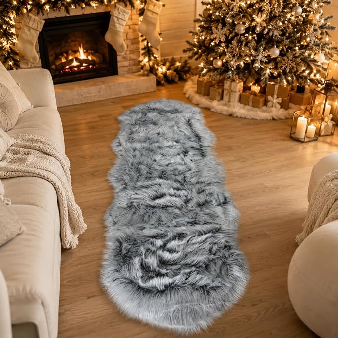 EasyJoy Faux Sheepskin Rug, 2 x 6 ft, Frosted Bottom Gray | Fluffy Faux Fur, Ultra Soft Shag, Non-Slip Backing, For Bedroom, Living Room, Nursery, Kids Room