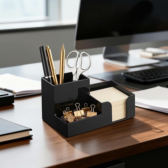 HBlife Acrylic Pen Holder for Desk, 3-Compartment Small Desk Organizer, Black Office Supplies Desk Accessories with Sticky Notes Holder Stores Post It Notes 3X3 for Office, Home and School