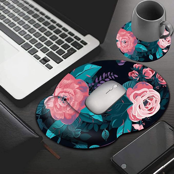 Mouse Pad with Wrist Support Gel, Ergonomic Mouse Pad with Comfortable Wrist Rest, Gaming Mousepad Non-Slip PU Base for Laptop Office Easy Typing & Pain Relief,Pink Flowers