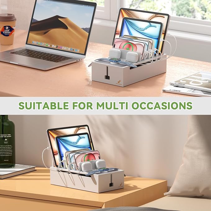 Pezin & Hulin Bamboo Charging Dock Station for Electronic Devices-White | Docking Organizer for Phone and Tablets, Smart Watch, Earbuds, Power Strip Box (Included 5-Port USB Charger and 6 Cables)
