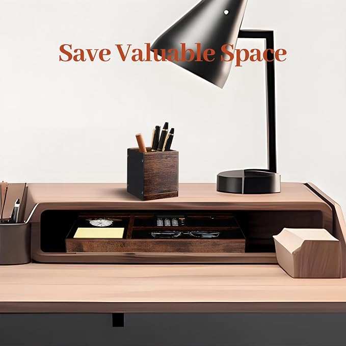 Desk Tray with Pen Holder Set | Desk Drawer Organizer for Home Office Decor | Farmhouse Wood & Metal Organizer Tray for Keys, Pen, Watch | Premium Gifts