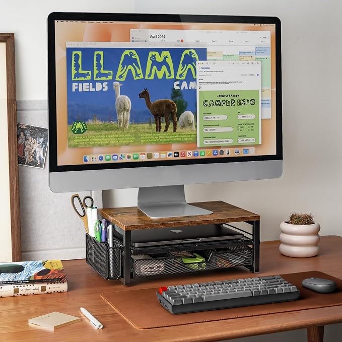 ARCOBIS Monitor Riser with Drawers and Pen Holders | Wood & Mesh Metal Computer Monitor Stand with Storage for Desk, Rustic Brown