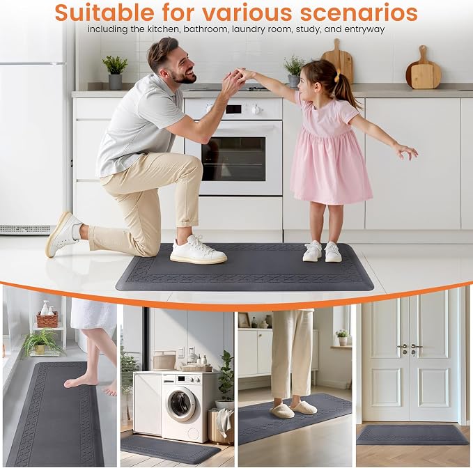 4/5 Inch Thicker Kitchen Mats for Floor Non-Slip Anti Fatigue Comfort Mat Waterproof Kitchen Rug for Sink, Office,Home Stain Resistant Standing Desk Rugs-17.3"x 47", Grey