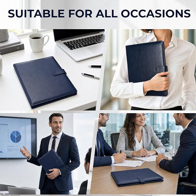 Professional Padfolio with Clipboard, Faux Leather Portfolio Folder Binder, Legal Pad Holder for A4 Letter Size Notepad, Resume, Writing Pad, Ideal Organizer for Business Office Conference (Blue)