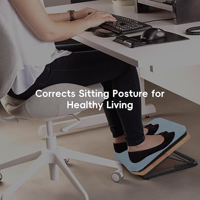 Under Desk Foot Stool Wood-Adjustable Ergonomic Foot Rest- 7 Adjustable Angles Wood Desk Footrest, Under Desk Foot Rest for Office Leg Rest - Natural-with Blue Cushions