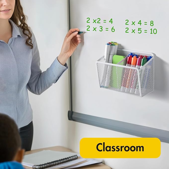 BEYGORM Magnetic Dry Erase Marker Holder for Whiteboard, Mesh Pen & Pencil Holder for Refrigerator, Strong Magnetic Basket for School Locker, Office & Classroom Organizer (White, 1-Pack)