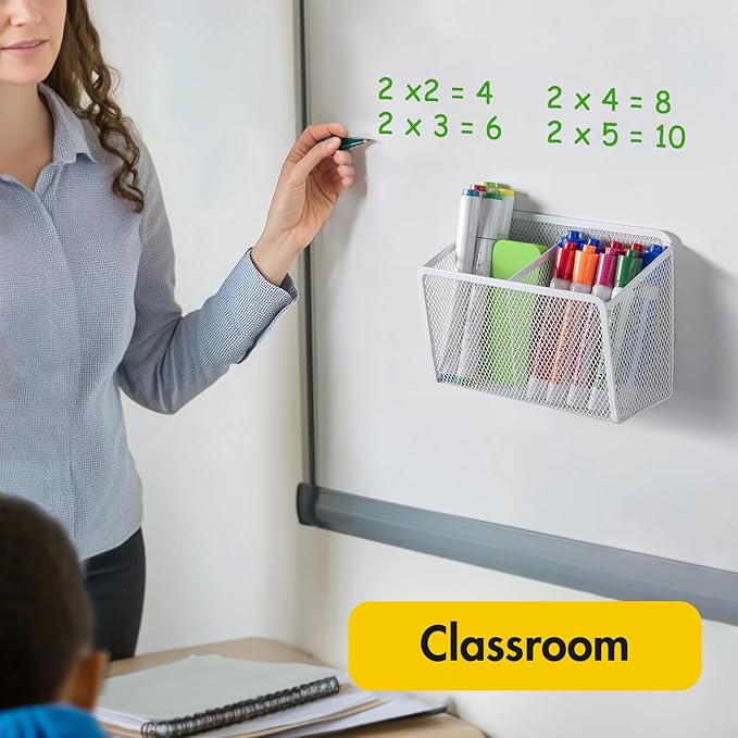 BEYGORM Magnetic Dry Erase Marker Holder for Whiteboard, Mesh Pen & Pencil Holder for Refrigerator, Strong Magnetic Basket for School Locker, Office & Classroom Organizer (White, 1-Pack)