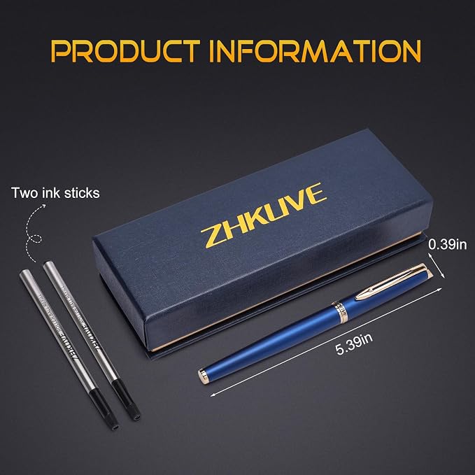 ZHKUVE Luxury Rollerball Pen, Stunning Blue Lacquer with 24K Gold Trim, Switzerland Tip with Black Ink Refills, Elegant Gift Set for Men & Women, Executive Writing