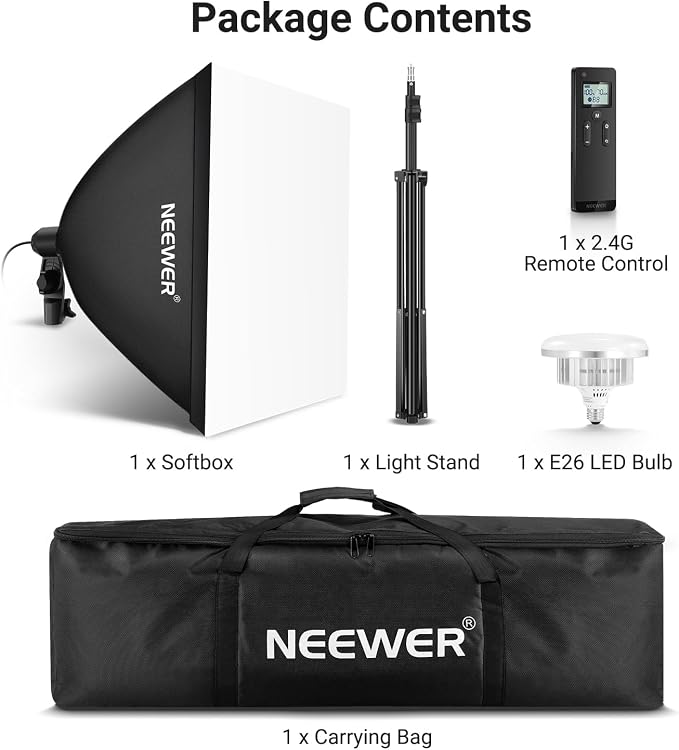 NEEWER 24"x24" 450W Equivalent Softbox Lighting Kit with Tripod Stand, 45W Bi Color 2.4G LED Bulb, Remote, 10 Channels 2900K-7000K 1400lx/1m CRI95 Studio Photography Recording Continuous Light, NK104