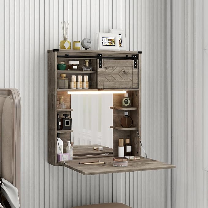 ARTETHYS Floating Vanity Desk with Mirror and Lights Small Wall Mounted Makeup Set with Storage Gray Farmhouse Dressing Table for Tiny Space