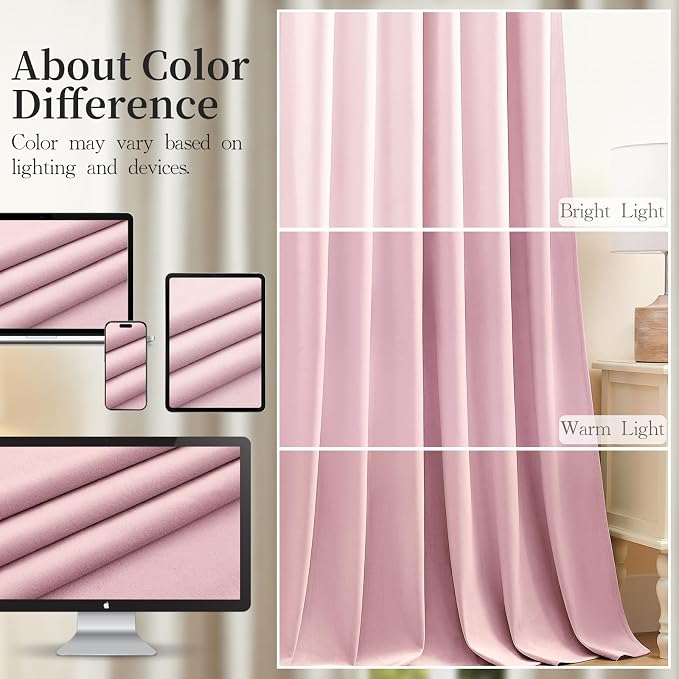 Baby Pink Velvet Curtains 108 Inches Long for Girls Room, Luxury Room Darkening Thermal Insulated Soundproof Curtains Luxury Window Drapes for Bedroom, Back Tab Rod Pocket, W52 x L108, 2 Panels