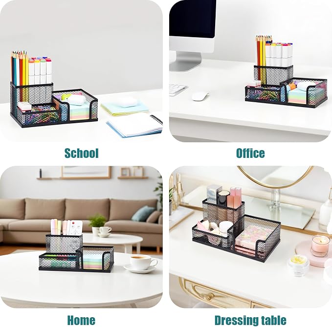 SAYEEC Mesh Desk Organizer, Black Pen Holder for Desk, 3 Compartments Wire Desktop Organizer, Multi-Functional Metal Pencil Cup Caddy Holder Office Supply Storage Organizers for School Home Workspace
