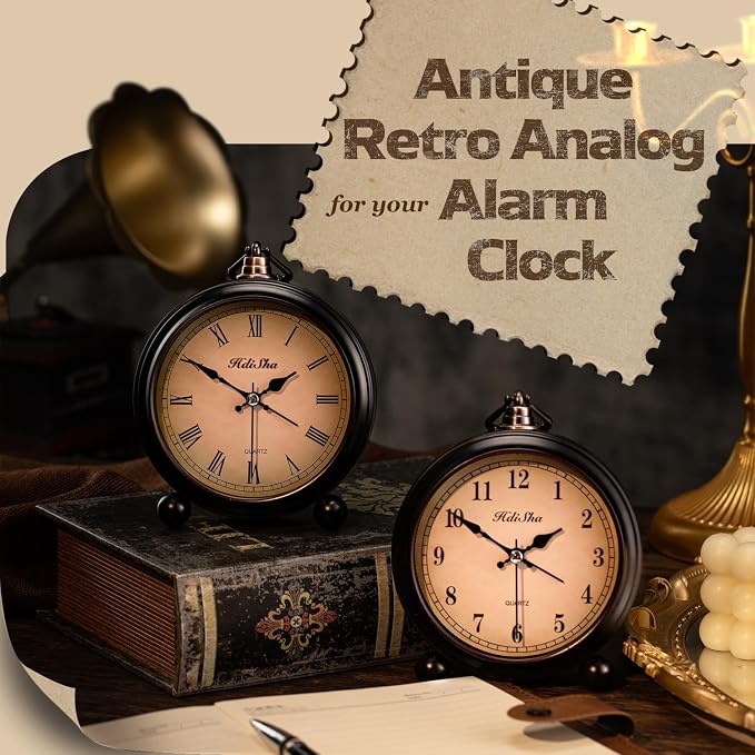 Vintage Alarm Clock, 5 inch Battery Operated Silent Non Ticking Snooze Small Clock with Night Light, Old Fashioned Desk Clock Decor for Bedroom, Bedside, Living Room, Room (Arabic)