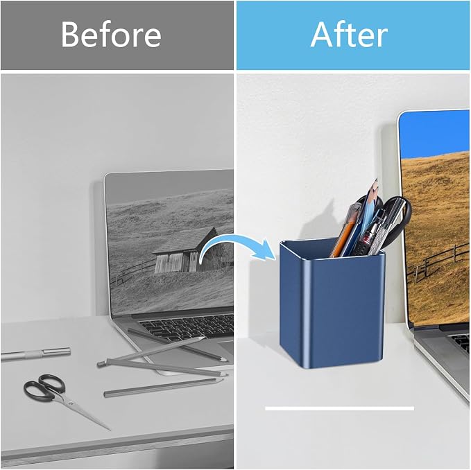 Pen holder,square pen cup, Metal pen pencil holder, desktop pencil cup stationery organization office desktop accessories, suitable for office, school, home and stationery supplies. (blue)