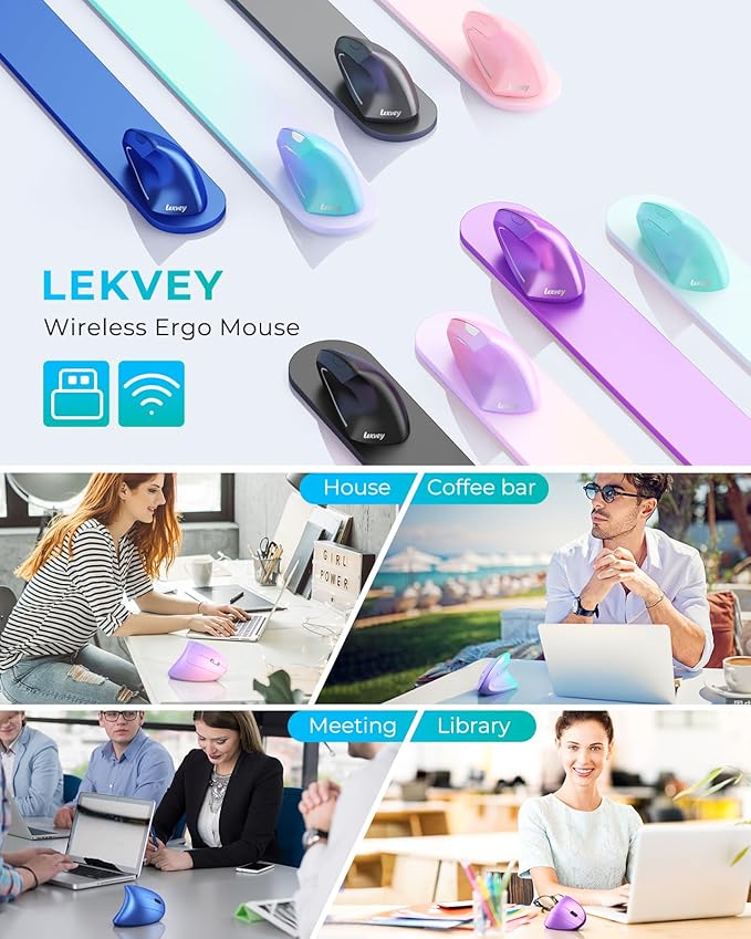 Lekvey Ergonomic Mouse, Vertical Wireless Mouse, Rechargeable 2.4G Optical Carpal Tunnel Mice with USB Receiver: 1000/1200/1600 DPI, 6 Buttons, for Laptop, Computer, Mac, PC, Desktop, Notebook, White