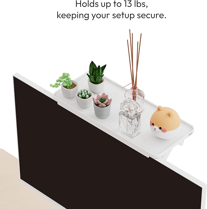Pixio 12 inch White Monitor Storage Top Shelf - Adjustable Platform, Universal Fit, Holds Up to 13lbs, Works on TV, Flat, Curved Monitors, Storage for Webcams, Clocks, Phone, Figures
