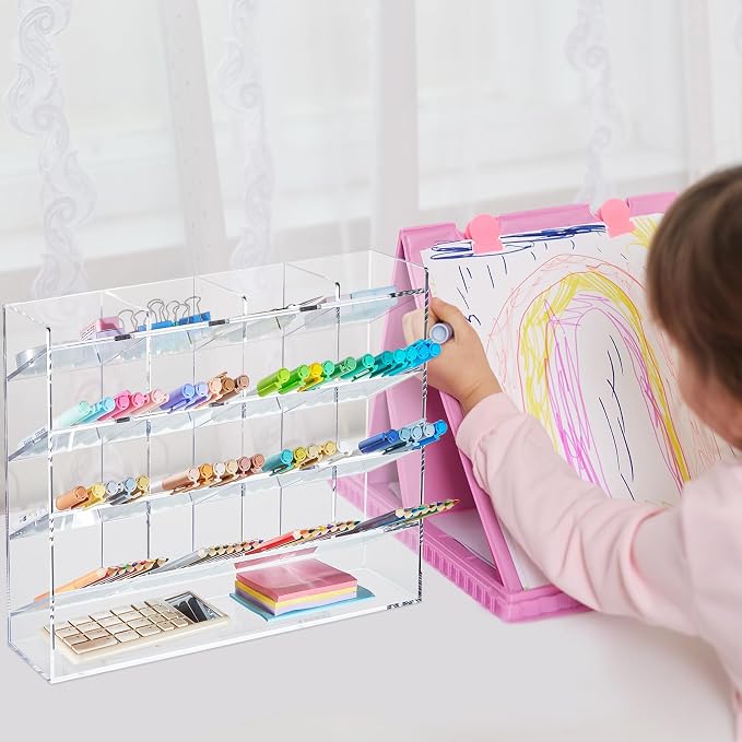 MotiMind Acrylic Pen Organizer Storage for 200 Markers Vertical Marker Organizer Acrylic Pen Display Holder for Office Desk Desktop Stationery Pencil Storage, Clear, 13 x 4 x 10.2 Inch