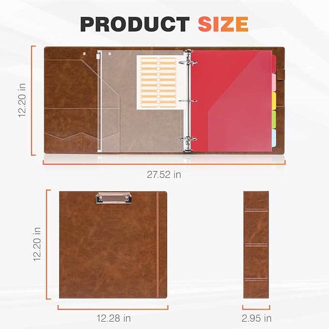 Eyrozill Professional Leather Portfolio with Clipboard, Zipper Pouch, 5 Sheets Plastic Dividers,Leather 3 Ring Binder 8.5 x 11, 2-inch Round Rings, Brown