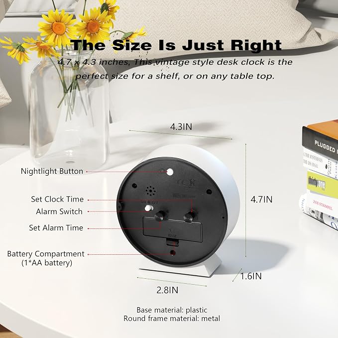 AYRELY® 4.5" Analog Alarm Clock, Small Retro Desk Clock and Table Clock | Battery Operated, Silent Metal Table Clock with Light for Living Room Decor, Bedroom, Bedside and Shelf