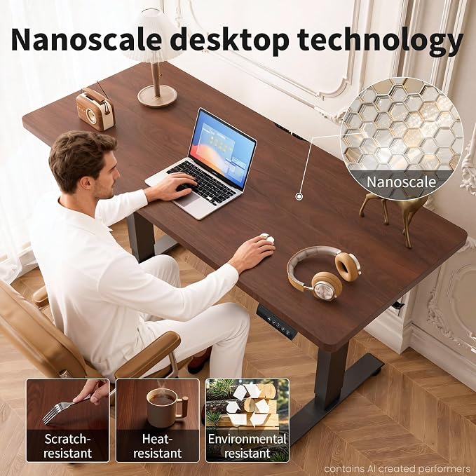 Veken 47.2 Inch Large Electric Standing Desk, Gaming Table, Walnut | Height Adjustable Sit Stand Up Computer Tables for Home Office, Study , Writing, Suit students, employees and group work