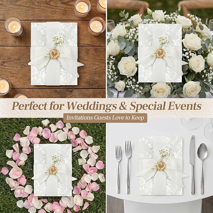 Wedding Invitation Accessories Kit, Pre-Folded Vellum Jackets for 5×7 Invitations with Wax Seal Stickers, Ribbon & Dried Flowers, Elegant Wedding Invitation Accessories for DIY Bridal Invites (White-Rose, 100)