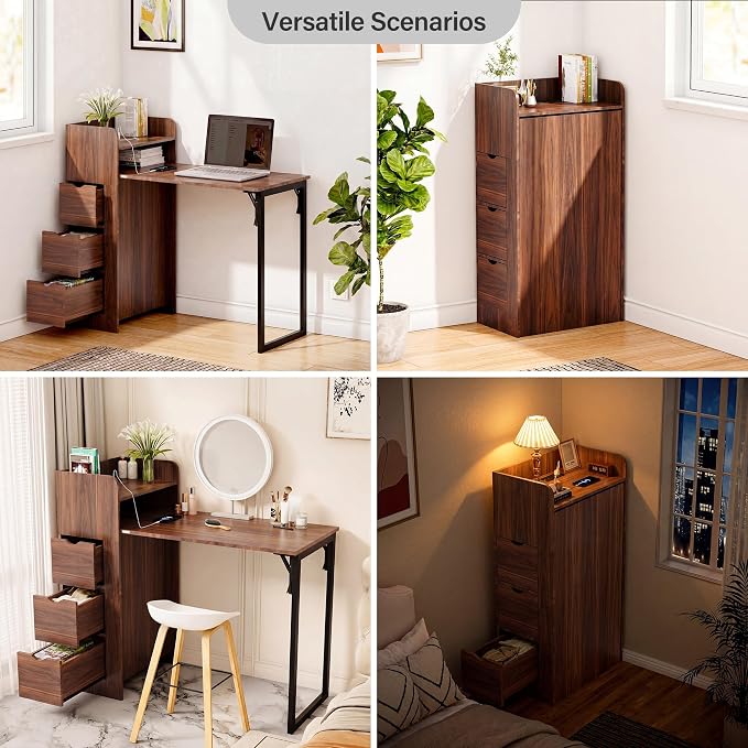 LAUSAINT HOME Wall Mounted Foldable Desk, Space Saving Hidden Desk with Storage & Power Outlet, Fold Out Table for Small Spaces, Home Office Bedroom (Walnut)