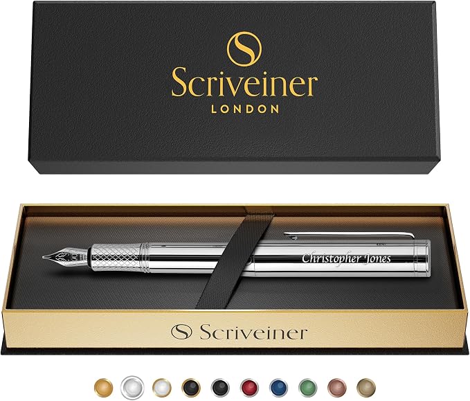 Scriveiner Personalized Silver Chrome Fountain Pen (Medium), Award Winning Luxury Pen, Heavy Pocket Pen, Chrome Finish, Best Engraved Fountain Pen Gift Set for Men & Women, Name Engraving