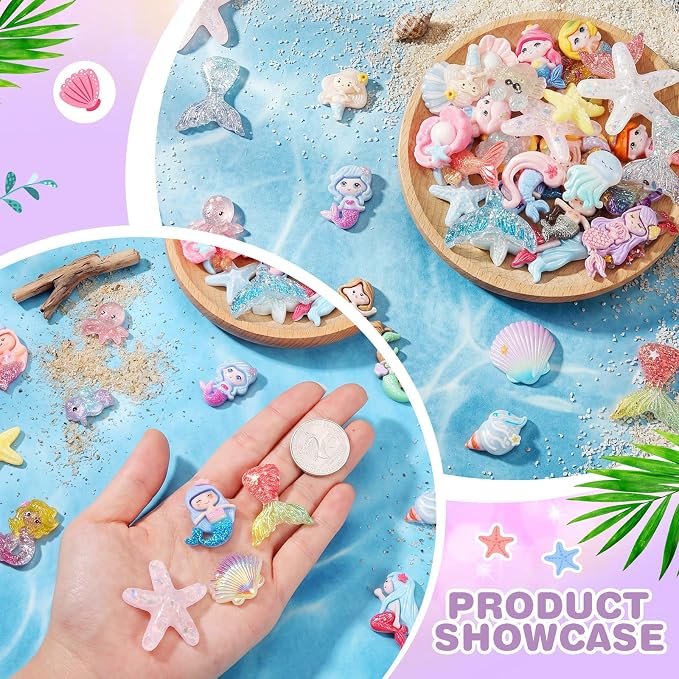 Giegxin 40 Pcs Summer Mermaid Resin Charm Seabed Seashells Crabs Mermaid Tails Flatback Cabochon Accessories Cute Embellishments Bulk for Jewelry Cellphone Case Scrapbooking Headband DIY Craft Making