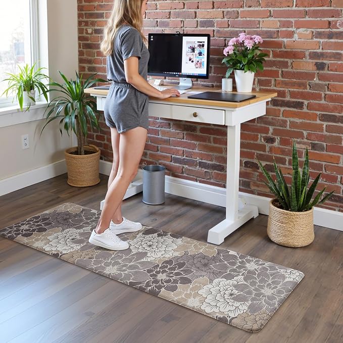 GENIMO Anti Fatigue Kitchen Runner Mats for Floor, Cushioned Standing Mats | 23"x71" , Coffee Brown vintage floral rug set, waterproof, non slip, easy-clean for farmhouse
