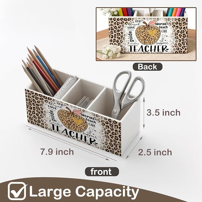 Leopard Print Teacher Wooden Pen Holder for Desk, Teacher Appreciation Gifts for Women, Educator Gifts Pencil Organizer Wooden Box Sign for School Office Classroom Decoration