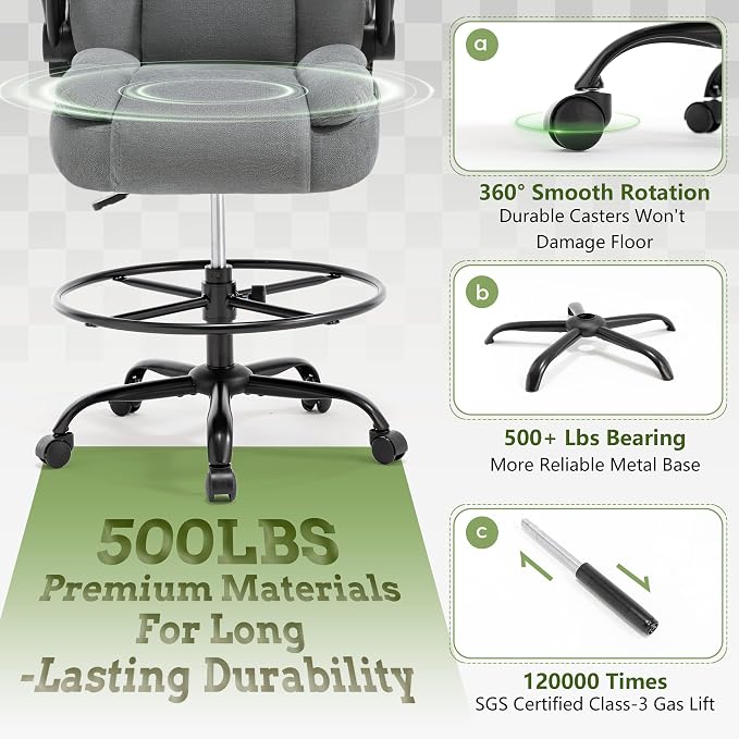500LBS Drafting Chair, High Back Safer Standing Desk Chair, Executive Tall Office Chair with Flip-up Armrests, Upholstered Fabric Task Chair, Ergonomic Seat with Adjustable Height&Foot Ring, Grey
