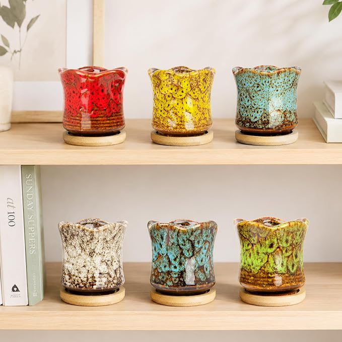 ARTKETTY Succulent Pots with Drainage Tray, Cute Ceramic Pots for Plants Set of 6