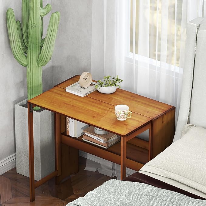 Wood Foldable Desk,Space Saving Foldable Table Bamboo Folding Desk Study Table with Bookshelf for Office Home Study Bedroom