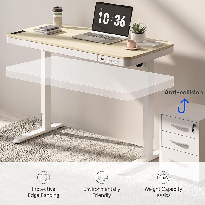 FLEXISPOT Comhar Electric Standing Desk with Drawers Charging USB Port, Height Adjustable 48" Whole-Piece Quick Install Home Office Computer Laptop Table with Storage