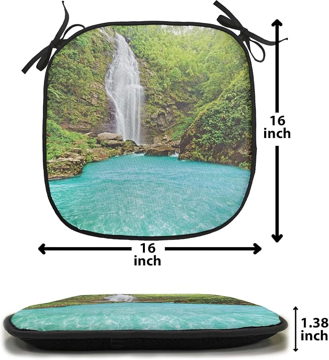 Lunarable Waterfall Chair Cushion Pads Set of 4, Falling Water from Green Mountains Clear Pool and Tropical Plants, Anti-Slip Seat Padding for Kitchen & Patio, 16"x16", Turquoise Green White