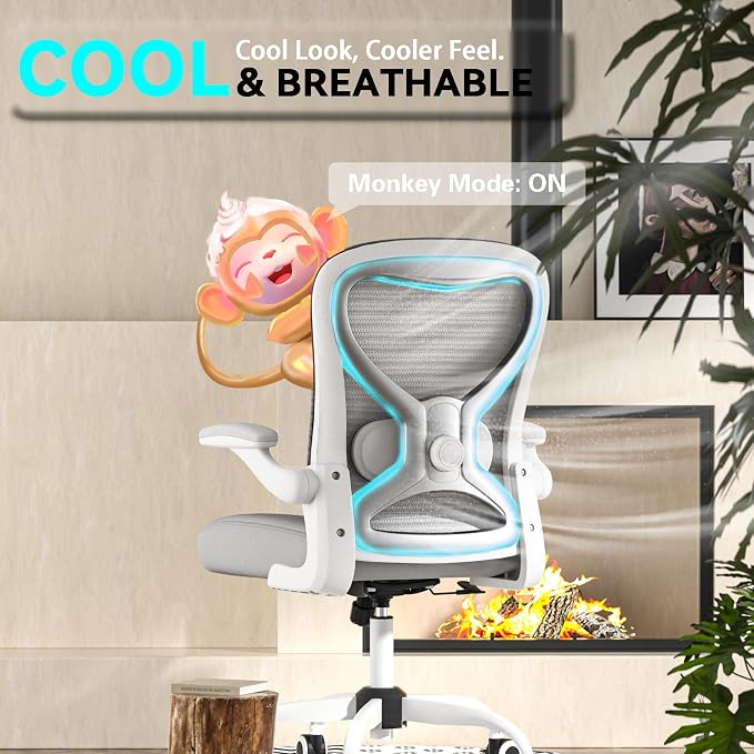 Ergonomic Home Office Chair – 4-Way Lumbar Support, 3.54" Extra-Thick Seat Cushion, Breathable Mesh Back, Flip-Up Arms, Swivel Computer Desk Chair for All-Day Sitting, 330LBS (White-Grey and Silver)