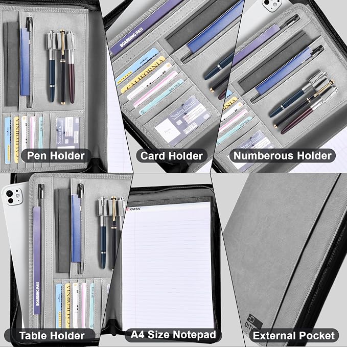 Premium Vegan Leather Padfolio 8.5"x11" Zipper Business Organizer for Legal Pads Gray | PU leather portfolio with storage pockets, fits iPads/legal pads/A4 paper, durable for office, ideal business gift