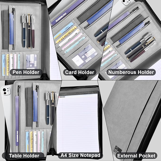 Premium Vegan Leather Portfolio Organizer Business Folder - Zippered Padfolio with Zipper Closure Pad Holder Compatible with Legal Pads 8.5 x 11 Inch for Women & Men (Gray)