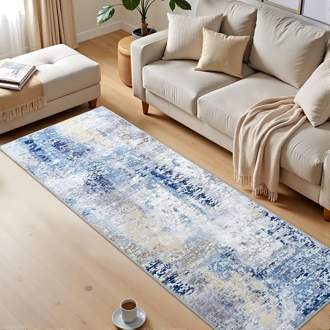 Macgace Washable Abstract Runner Rug, 2x6 Modern Area Rugs with Non-Slip Rubber Backed for Kitchen, Thin but Soft Contemporary Carpet Bedroom Entryway Hallway Decor, Midnight Blue