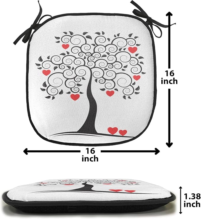 Lunarable Love Chair Cushion Pads Set of 8, Abstract Heart Tree Floral Leaves Spring Swirl Simplicity Creative Illustration, Anti-Slip Seat Padding for Kitchen & Patio, 16"x16", Black White Red
