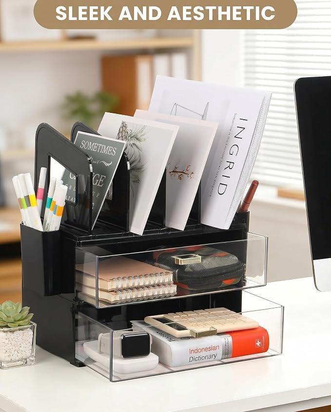 LALOBLUE Acrylic Desk Organizer with Drawer and Vertical File Holder, Desk Organizers and Accessories, Multi-Functional Office Supplies Organizer for Home or Work Desk, Black