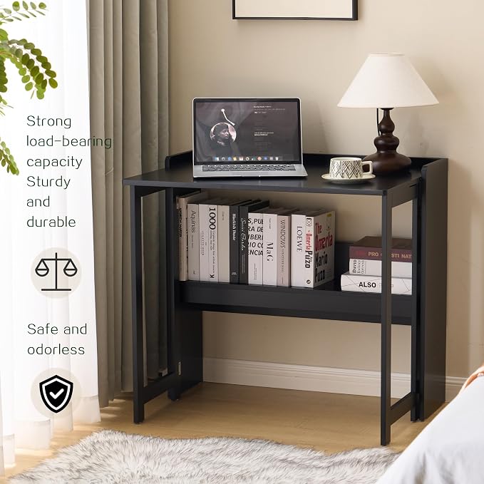Foldable Desk,Folding Table with Storage Shelf,32.6 Inch Fold Out Computer Desk for Small Spaces,Writing Desk for Bedroom Home Office Dorm and Apartment (Black)