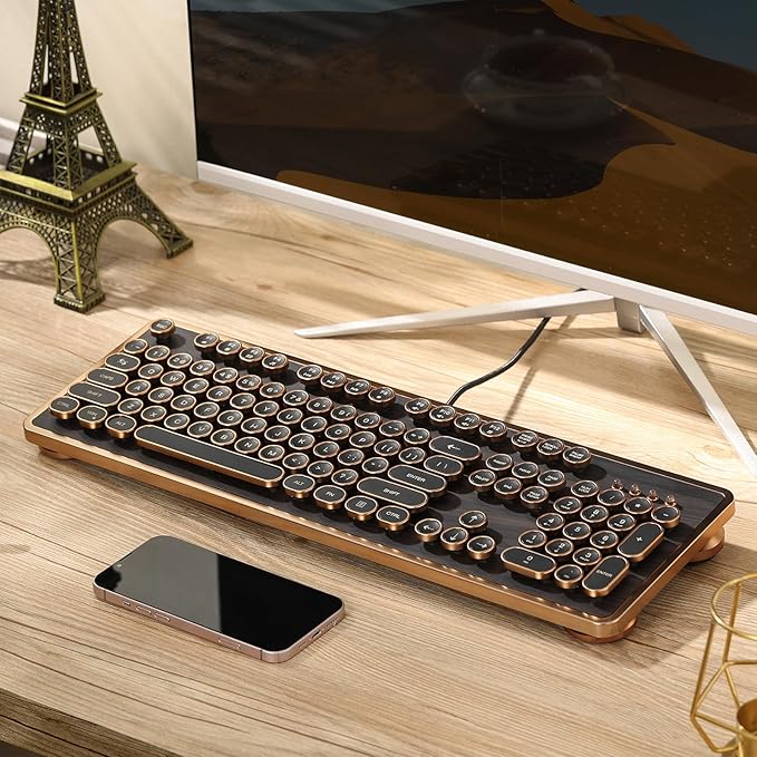 RK104 Retro Mechanical Keyboard, Wired Full-Size 104 Keys with Typewriter Round Keycaps, Wooden Grain, N-Key Rollover, Green Linear Switches, Ideal for Retro Lovers