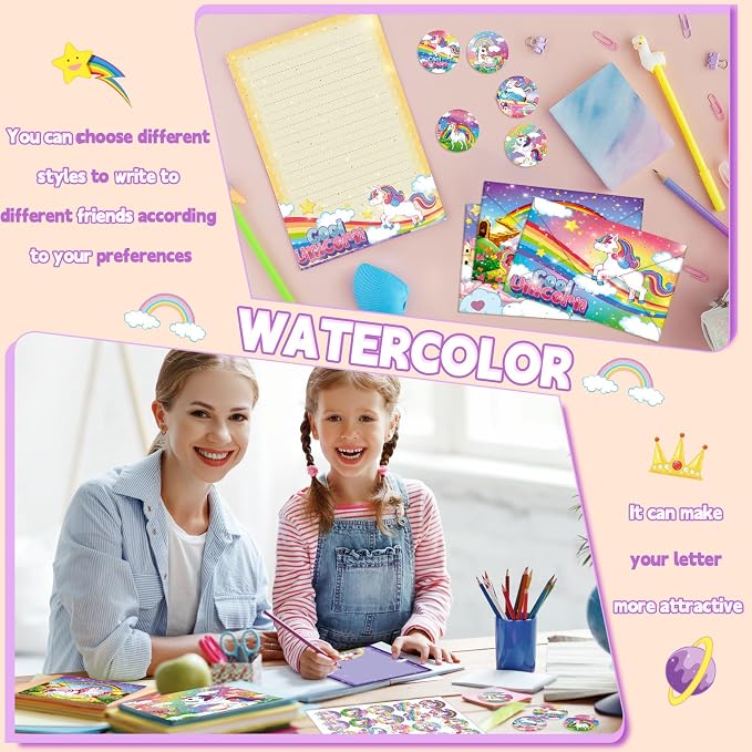 TaoBary 160 Pcs Stationery Paper Set 50 Double Sided Stationery Papers with 50 Matching Envelopes and 60 Round Dot Sticker, 10 Design(Unicorn,8.5 x 11 Inch)