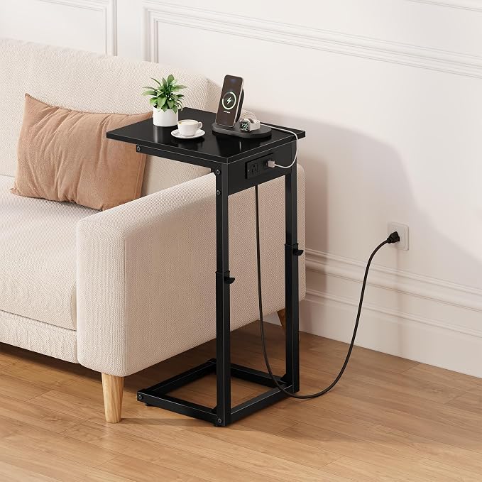 Vagusicc C Shaped End Table with Charging Station, 33"Tall C-Table End Table Adjustable Height Side Table for Couch, Couch Table That Slide Under Sofa Table TV Tray Table for Living Room,Bedroom,Black