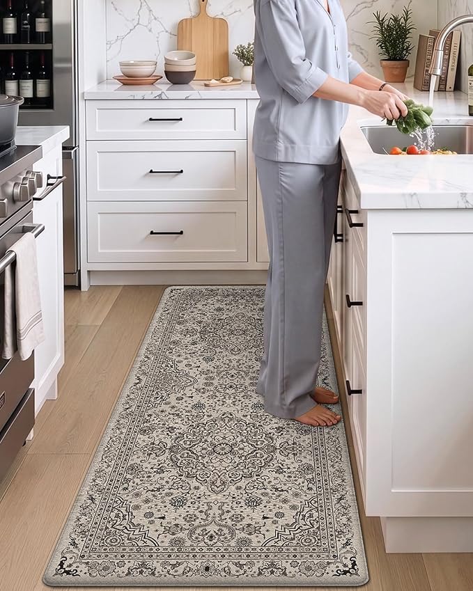 DEXI Kitchen Mats for Floor Cushioned, 23x59 Wide Runner Rug Non Slip, Waterproof Soft Comfort Standing Padded Anti Fatigue Decorative, Brown and Grey
