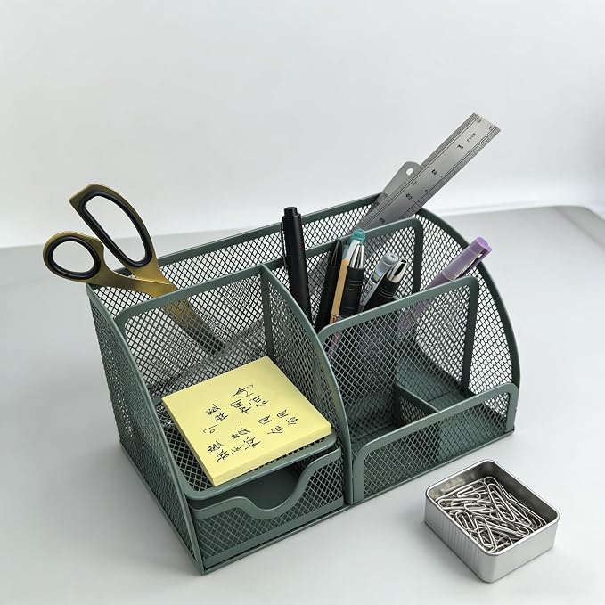 Fengtaiyuan T20, Forest Green Metal Mesh Desk Organizer with Drawer, 8.66x5.12x5.51 inch Multi-functional Desktop Storage Caddy for Office, School, Art Supplies (T20)